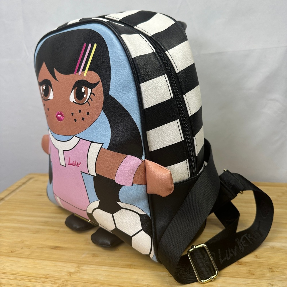 Luv Betsey Johnson Soccer Girl Mini Backpack Black White Striped Character Bag - Picture 2 of 11